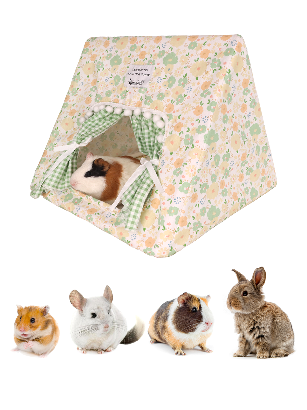 ITANDME Small Pet Tent - Cozy Triangle Hideaway, Removable & Easy-to-Assemble, Green and White Checkered Rabbit House with Lace Trim & Fringe