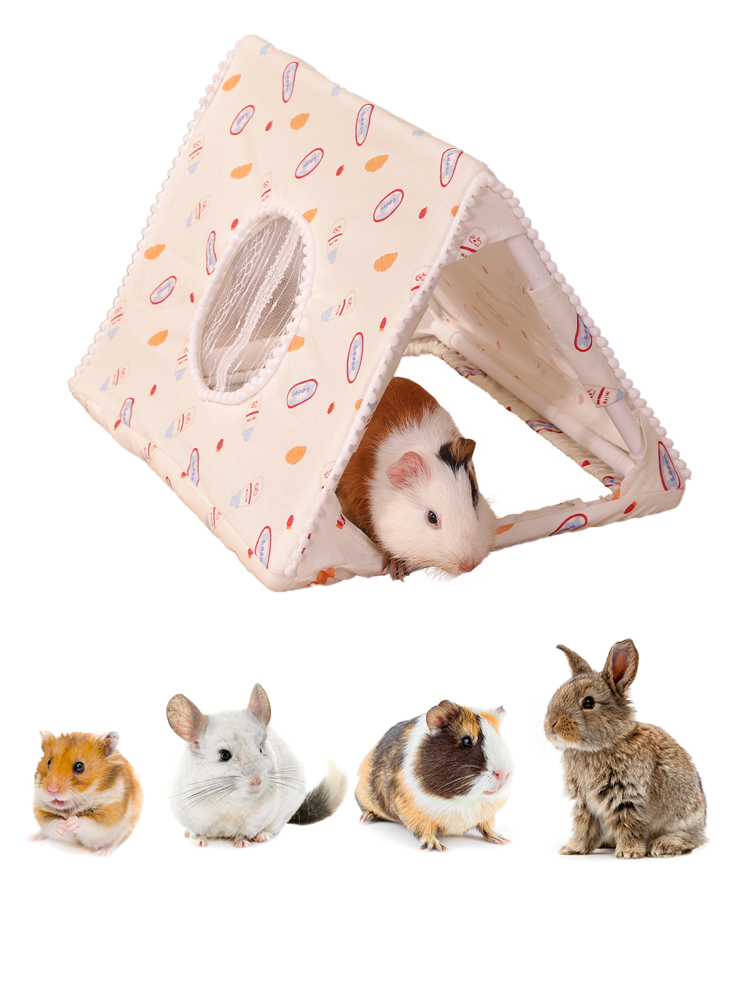 Itandme Pet Tent for Rabbits and Hamsters - Cozy, Breathable House with Transparent Window, High-Quality Hideout, Easy Access Design, Yellow with White Floral Patterns, All-Weather Protection, Small Animal Tent | Floral Pattern Tent | Ventilated Ten