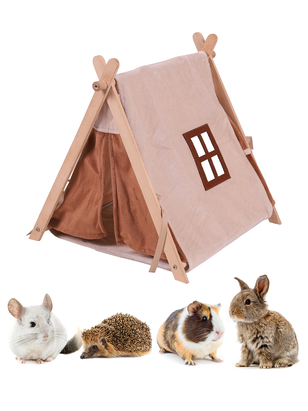 ITANDME Small Animal Small Pet Wooden Tent with Small Window, Foldable with Privacy Curtain Solid and Durable for Small Animal Small Pet Hiding Rest House