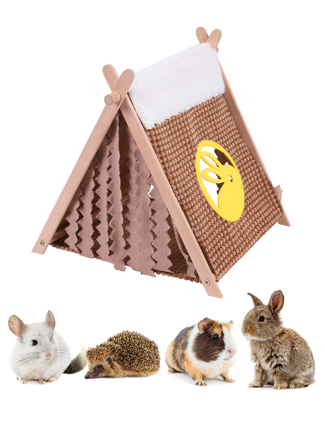 ITANDME Small Animal Small Pet Wooden Tent with Small Window, Foldable with Privacy Curtain Solid and Durable for Small Animal Small Pet Hiding Rest House