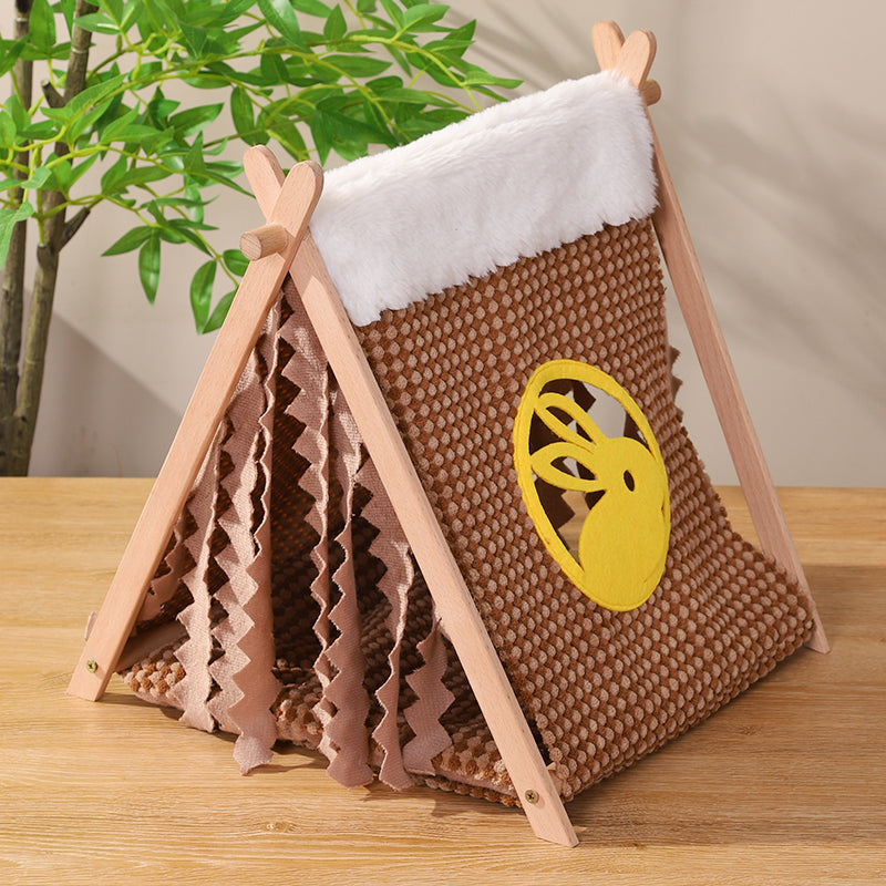 ITANDME Small Animal Small Pet Wooden Tent with Small Window, Foldable with Privacy Curtain Solid and Durable for Small Animal Small Pet Hiding Rest House