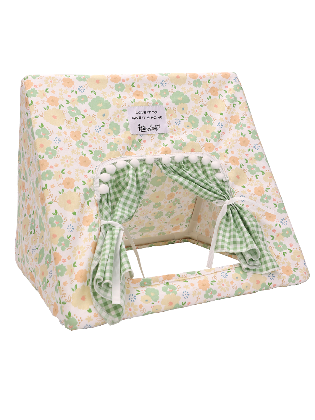 ITANDME Small Pet Tent - Cozy Triangle Hideaway, Removable & Easy-to-Assemble, Green and White Checkered Rabbit House with Lace Trim & Fringe