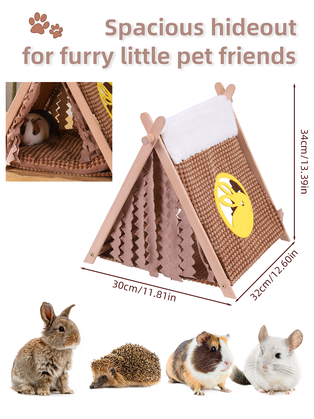 ITANDME Small Animal Small Pet Wooden Tent with Small Window, Foldable with Privacy Curtain Solid and Durable for Small Animal Small Pet Hiding Rest House
