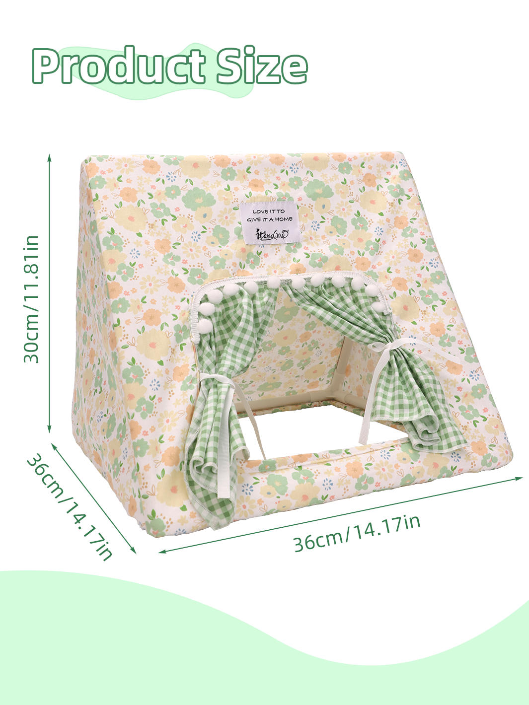 ITANDME Small Pet Tent - Cozy Triangle Hideaway, Removable & Easy-to-Assemble, Green and White Checkered Rabbit House with Lace Trim & Fringe