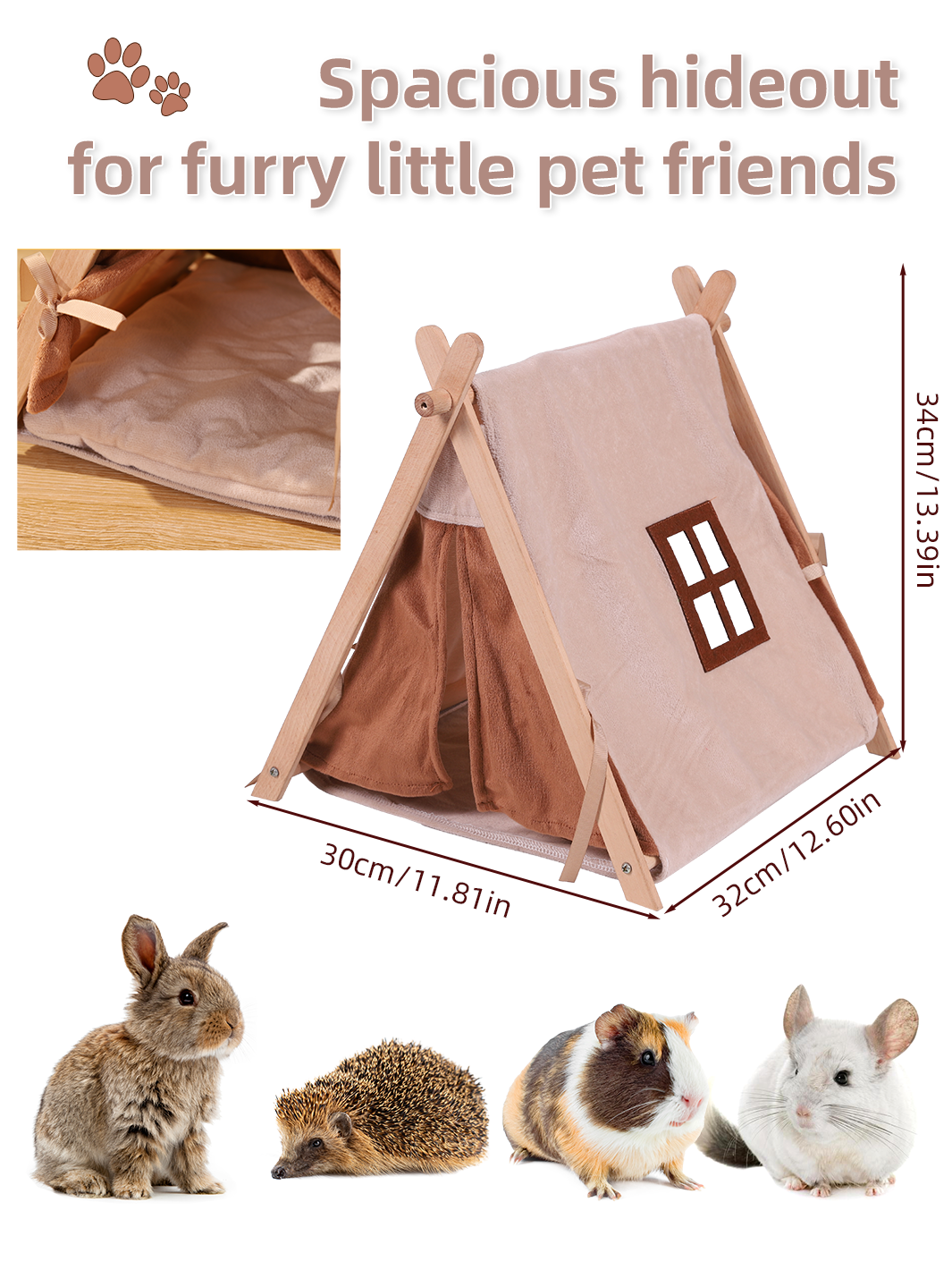 ITANDME Small Animal Small Pet Wooden Tent with Small Window, Foldable with Privacy Curtain Solid and Durable for Small Animal Small Pet Hiding Rest House