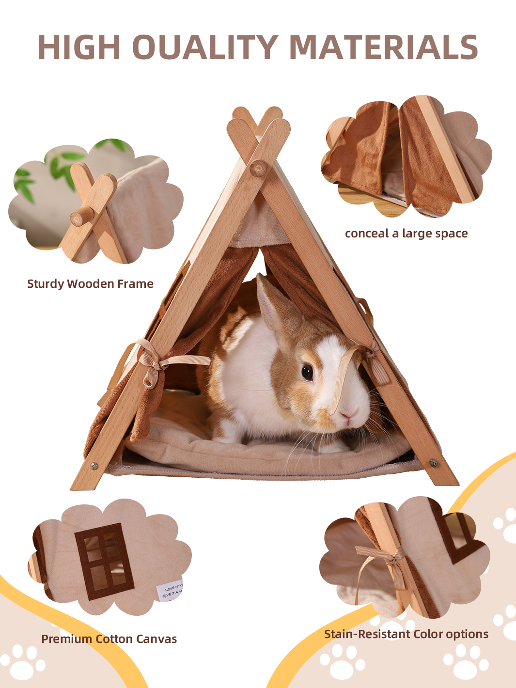 ITANDME Small Animal Small Pet Wooden Tent with Small Window, Foldable with Privacy Curtain Solid and Durable for Small Animal Small Pet Hiding Rest House
