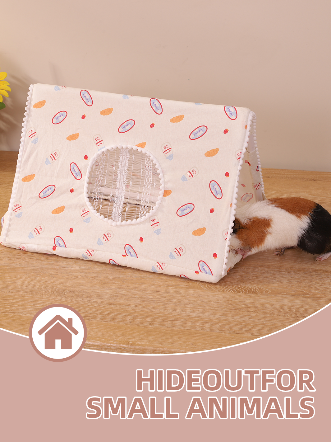 Itandme Pet Tent for Rabbits and Hamsters - Cozy, Breathable House with Transparent Window, High-Quality Hideout, Easy Access Design, Yellow with White Floral Patterns, All-Weather Protection, Small Animal Tent | Floral Pattern Tent | Ventilated Ten