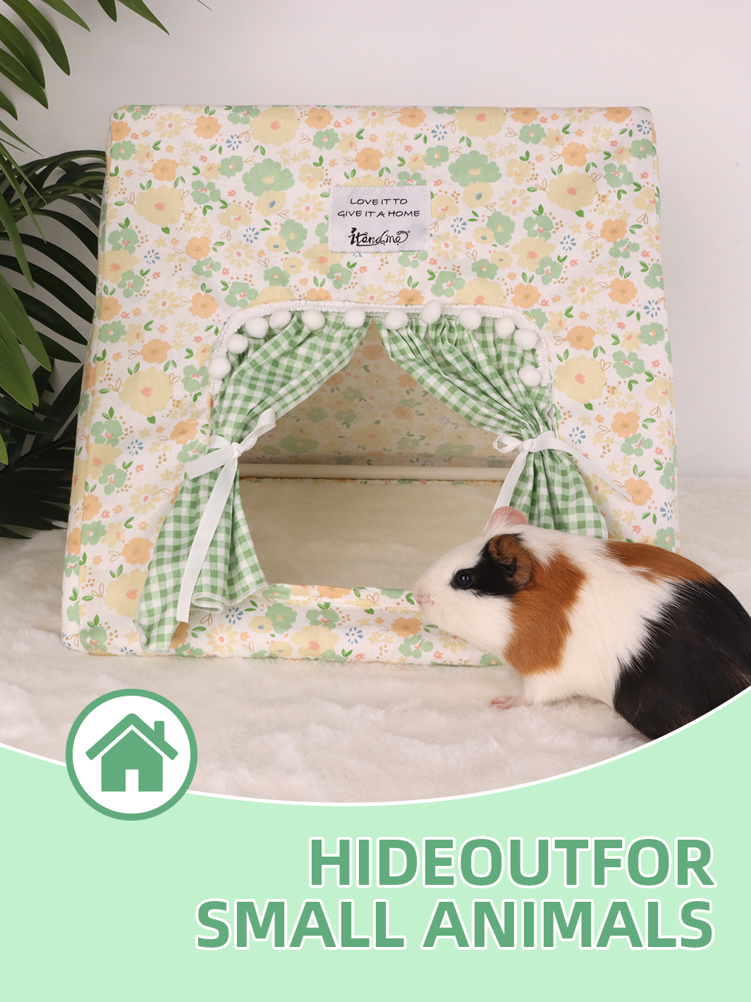 ITANDME Small Pet Tent - Cozy Triangle Hideaway, Removable & Easy-to-Assemble, Green and White Checkered Rabbit House with Lace Trim & Fringe