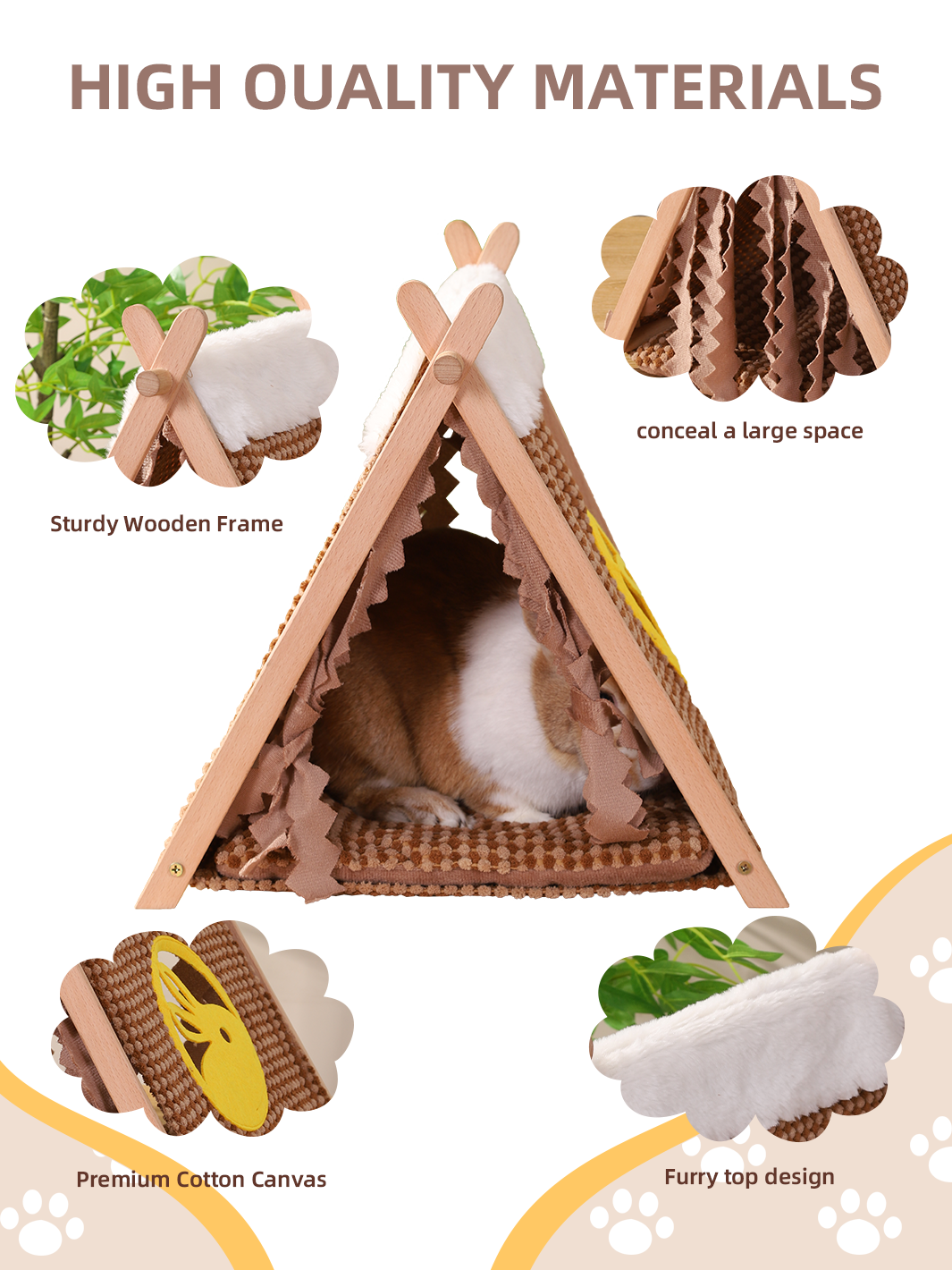 ITANDME Small Animal Small Pet Wooden Tent with Small Window, Foldable with Privacy Curtain Solid and Durable for Small Animal Small Pet Hiding Rest House