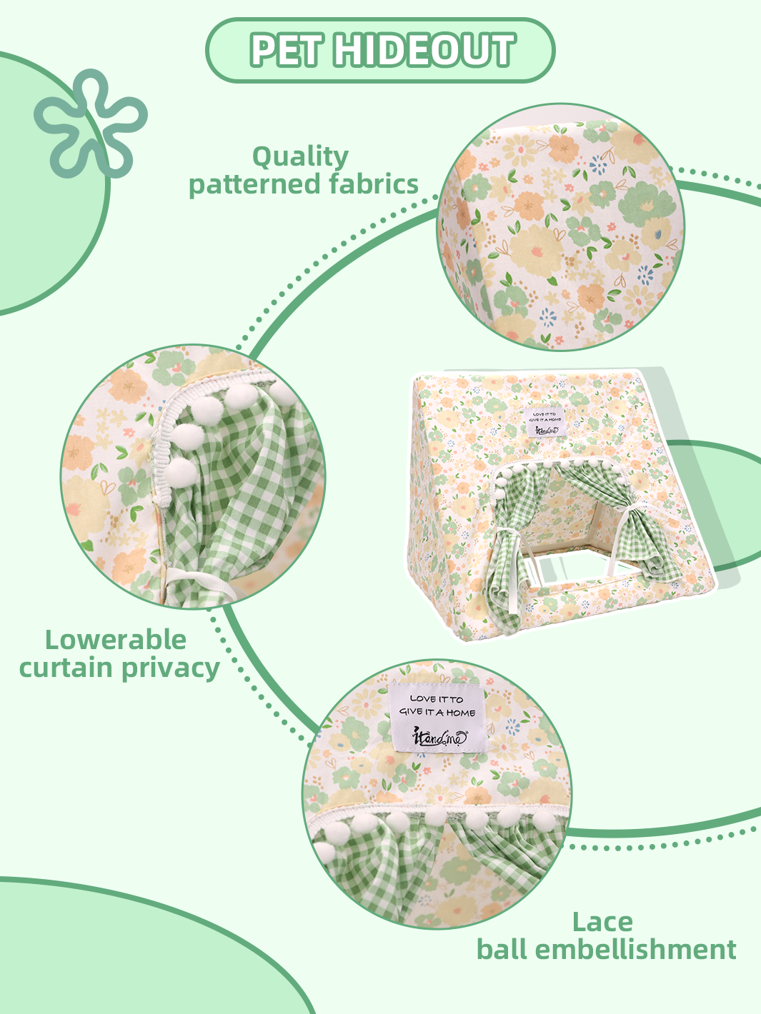 ITANDME Small Pet Tent - Cozy Triangle Hideaway, Removable & Easy-to-Assemble, Green and White Checkered Rabbit House with Lace Trim & Fringe