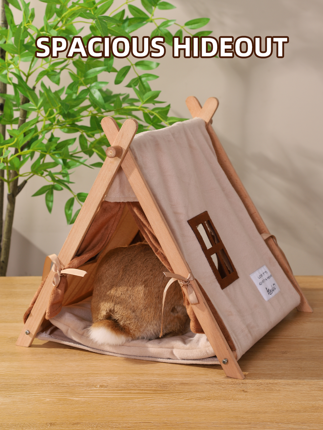 ITANDME Small Animal Small Pet Wooden Tent with Small Window, Foldable with Privacy Curtain Solid and Durable for Small Animal Small Pet Hiding Rest House