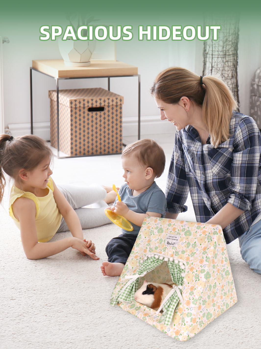 ITANDME Small Pet Tent - Cozy Triangle Hideaway, Removable & Easy-to-Assemble, Green and White Checkered Rabbit House with Lace Trim & Fringe